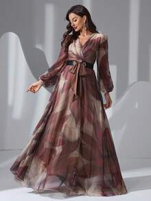 Đầm dài tay phồng cổ chữ V phối màu tương phản dành cho nữ, thích hợp cho kỳ nghỉ xuân, kiểu dáng thanh lịch. - Màu nâu  Mocha - Xem 4