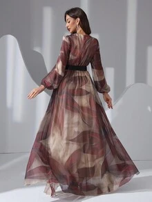 Đầm dài tay phồng cổ chữ V phối màu tương phản dành cho nữ, thích hợp cho kỳ nghỉ xuân, kiểu dáng thanh lịch. - Màu nâu  Mocha - Xem 2