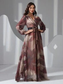 Đầm dài tay phồng cổ chữ V phối màu tương phản dành cho nữ, thích hợp cho kỳ nghỉ xuân, kiểu dáng thanh lịch. - Màu nâu  Mocha - Xem 5