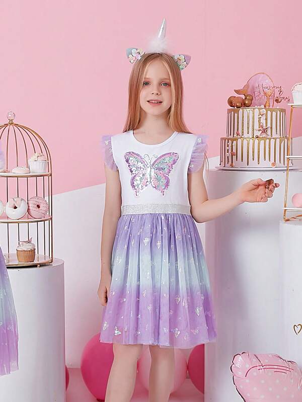 BTDREAM Vestidos de verão para meninas com lantejoulas, estampa de borboleta, alargamento, sem mangas, vestido infantil, saia de tule gradiente, roupas de férias para meninas