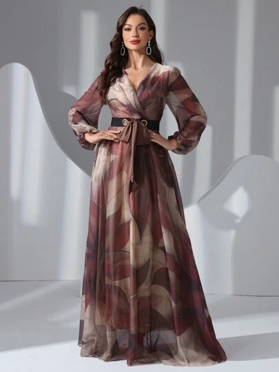 Vestido largo con cuello en V, mangas farol y cinturón de color contrastante para mujer