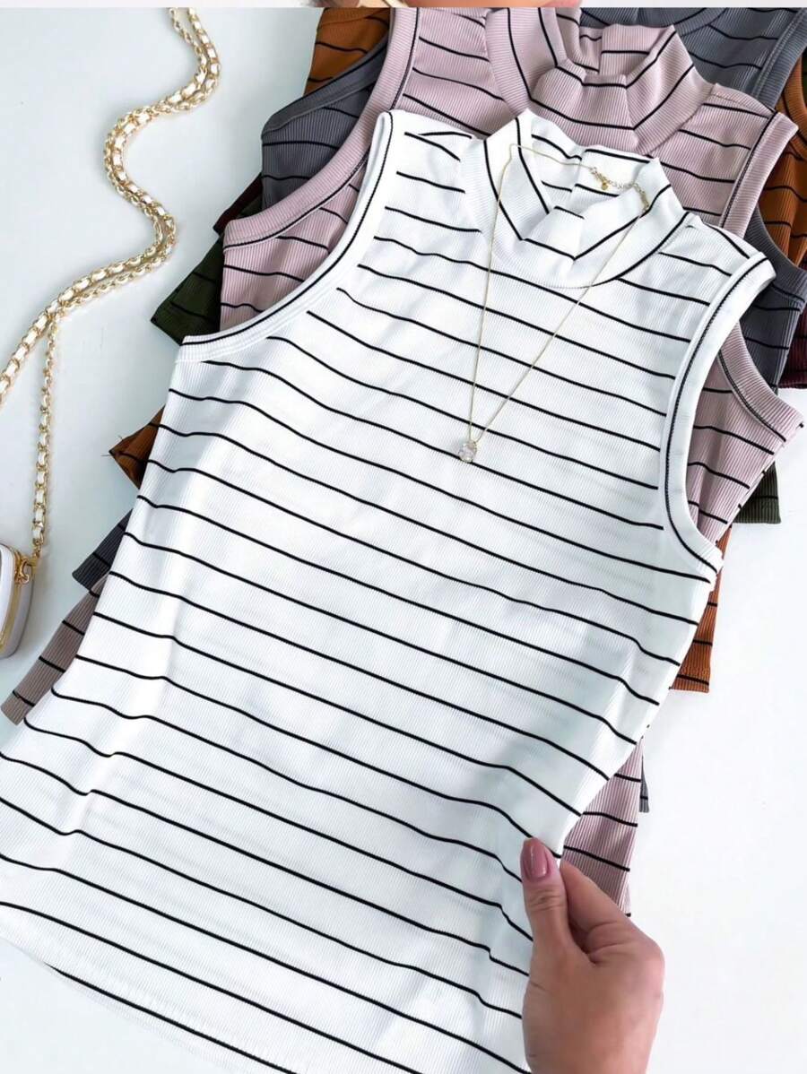 Striped High Neck Tank Top - 白色 - 查看 1