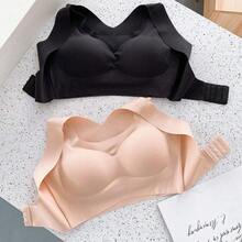 Ropa interior sin costuras de seda de hielo para mujer sin anillo de acero, espalda hermosa, pecho pequeño, sujetador fruncido, levantador, reafirmante y correctivo,Sujetador deportivo sin costuras Backjia dos en  corrector jorobado fruncido para recoger los senos laterales sin aro de acero sujetador moldeador para mujeres - Negro - Ver 4