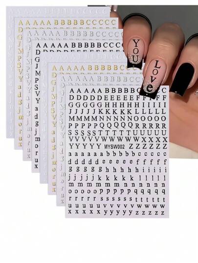 8 Sheets Letters Nail Art Stickers English Alphabet Nail Decals 3D Self-Adhesive Metallic Golden Silvery Nail Sticker Black Alphabet Nail Art Supplies For Women Girls DIY Nail Decoration Manicure Nails