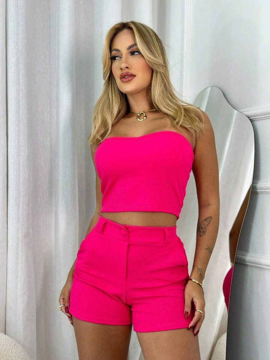 Cropped Top Set Sweetheart Neckline Strapless Short And Shorts Button With Pocket High Waist Casual Summer Beach Warm Women's Fashion - Màu Hồng Tươi - Xem 1