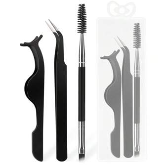 Set de instrumente pentru gene 3 buc: pensete pentru gene, perie pentru gene, cu cutie de depozitare - pensetă curbată ascuțită, aplicator pentru gene false și perie pentru gene pentru extinderea și modelarea genelor