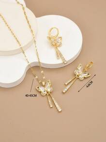 1pc Stainless Steel Cubic Zirconia Butterfly Pendant Necklace & 1 Pair Cubic Zirconia Butterfly Luxury Earrings For Women