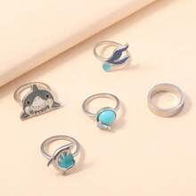 5 Peças/Conjunto Anéis Pingentes Vintage Personalizados em Formato de Tubarão Turquesa, Gaivota, Coração