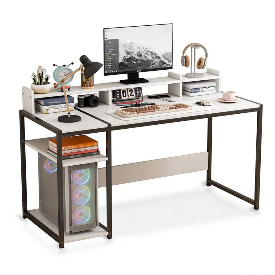 Office Computer Desk With Storage Shelf - White - View 1