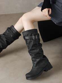 Fall/Winter 2025 2024 New Vintage Mid-Heel Fashion Boots Women, Distressed Leather Strap Buckle Knee-High Boots,Low Chunky Heel Cowgirl Western Boots,Black Boots - Black - View 6