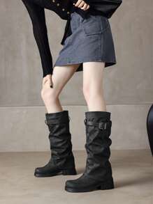 Fall/Winter 2025 2024 New Vintage Mid-Heel Fashion Boots Women, Distressed Leather Strap Buckle Knee-High Boots,Low Chunky Heel Cowgirl Western Boots,Black Boots - Black - View 3