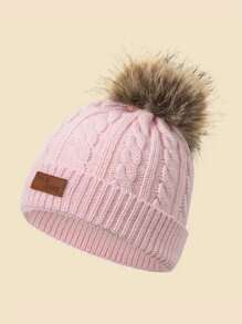 1pc Solid Color Baby Pom Pom Knit Hat With FAS JEANSPU Label, Cable Knit Design, Suitable For Autumn/Winter Daily Warmth And Cold Protection - 1PC - View 5