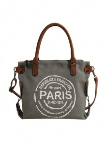 韩版休闲手提帆布包女新款时尚字母托特包大容量斜挎包女包适合约会逛街购物外出通勤日常搭配办公度假送礼 - 灰色 - 查看 7