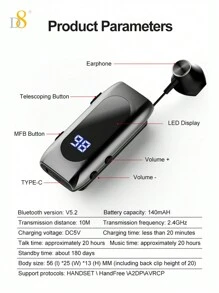 D8 1 件可伸缩无线耳机，LED 显示屏包耳式耳机，立体声耳机，防噪音麦克风，夹式耳机，舒适免提耳机，20 小时通话时间，运动商务卡车司机耳塞 - 黑色 - 查看 12