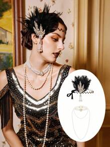 3 Stücke 1920er Jahre Flapper Feder Haarband Legierung Strass Haarschmuck, lange Perlenkette Halskette - Kunstperlekette Halskette Set für Frauen 20er Jahre Flapper Accessoires