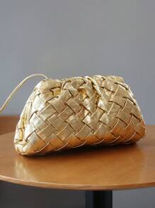 Túi mây dệt thủ công thời trang mới 2025, túi đeo vai và đeo chéo hình bánh bao xếp ly màu vàng - Vàng - Xem 5