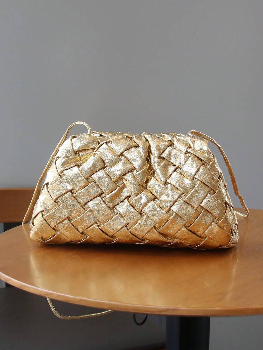 Túi mây dệt thủ công thời trang mới 2025, túi đeo vai và đeo chéo hình bánh bao xếp ly màu vàng - Vàng - Xem 1