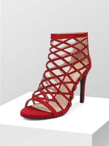 Women High Heel Sandals Cut Out Stiletto Heeled Sandals Rhinestone Ankle Strap Open Toe Dress Pump Shoes, For Party, Wedding, Vacation - 紅色 - 查看 1