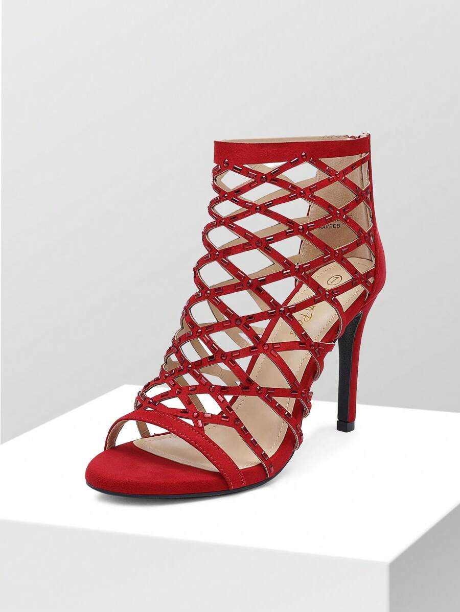 Women High Heel Sandals Cut Out Stiletto Heeled Sandals Rhinestone Ankle Strap Open Toe Dress Pump Shoes, For Party, Wedding, Vacation - 紅色 - 查看 1