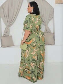 Plus Size V-Neck Long Short Sleeve Dress - Mint Green - View 2