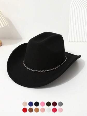 1pc Women's Solid Color Western Cowboy Hat With Colored Flower Chain, Casual Fedora Hat For Outings, Parties, Festivals, Daily Wear