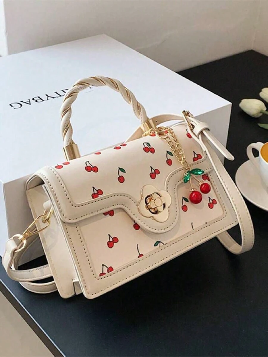 Túi Tote Pu cao cấp thời trang với hình vuông đa năng và họa tiết anh đào dễ thương, hoàn hảo để đi mua sắm, hẹn hò hoặc đeo chéo cho các cô gái. - trắng - Xem 1