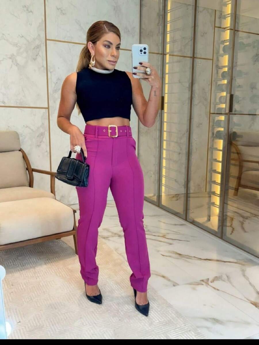 Women's Dress Pants With Belt - 玫瑰紅 - 查看 1