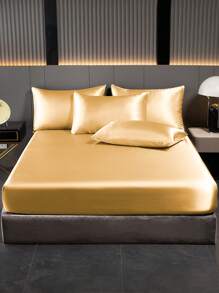 1 pieza Sábana ajustada de satén, ropa de cama, sábana ajustada, cubrecama, funda de colchón de seda, ropa de cama suave y cómoda para el dormitorio, se ajusta a camas Queen, King, Twin, Full, bolsillo profundo de 9 pulgadas, transpirable y sedoso - Dorado - Ver 8