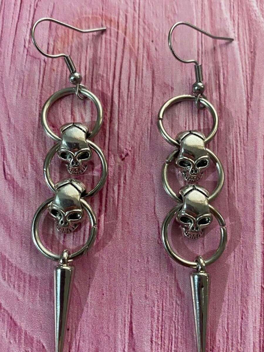 2pcs Gothic Personalized Silver Copper Skull Rivet Round Hoop Earrings, Suitable For Men And Women, Daily Wear, Party, Gathering - Silver - View 1