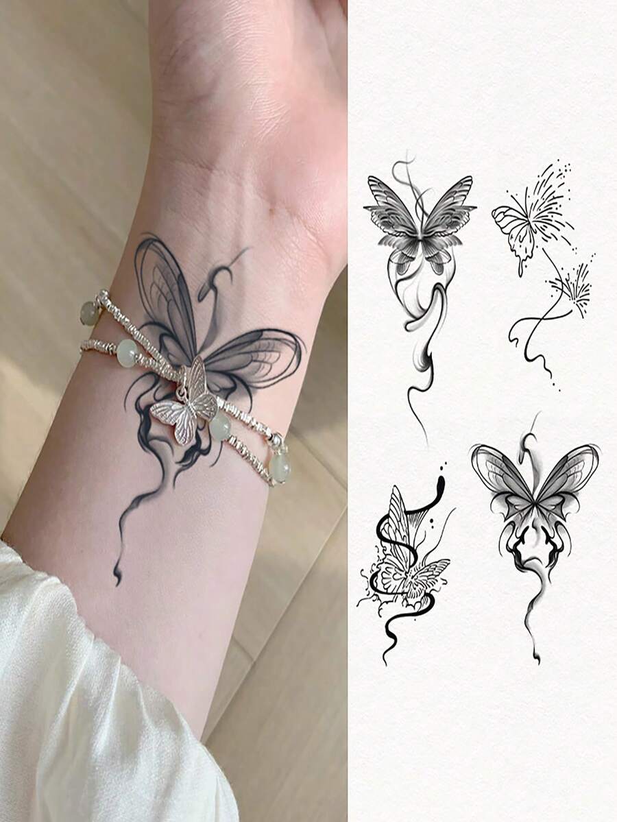 蝴蝶草本纹身贴防水女持久果汁半永久优质贴纸遮盖疤痕仿真纹身 - 黑色 - 查看 1