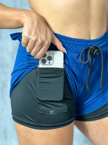 Women's 2 In 1 Shorts Men's Gym Running Workout Shorts With Elastane - Dusty Blue - View 3
