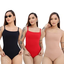 KIT 3 WOMEN'S STRAP-ON BODYSUIT RIBBED TERRYCLOTH WITH THIN STRAPS - BLACK NUDE aND RED - View 1