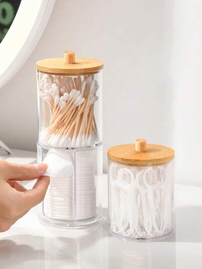 1 pezzo Scatola di stoccaggio per bastoncini di cotone con coperchio in bambù, dispenser antipolvere per dischetti di trucco, contenitore in plastica trasparente da farmacia per cotton fioc, cosmetici, organizer da bagno, forniture per l'organizzazione e lo stoccaggio domestico, regalo per le feste, regalo di Natale
