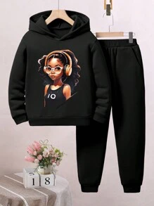 Tween-Mädchen Outfit aus Fleece-Kapuzenpullover mit grafischem Druck und Jogginghose - Schwarz - Übersicht 1