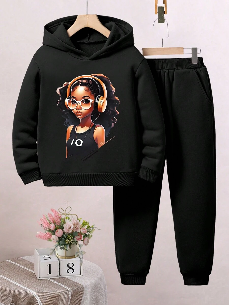Tween-Mädchen Outfit aus Fleece-Kapuzenpullover mit grafischem Druck und Jogginghose - Schwarz - Übersicht 1