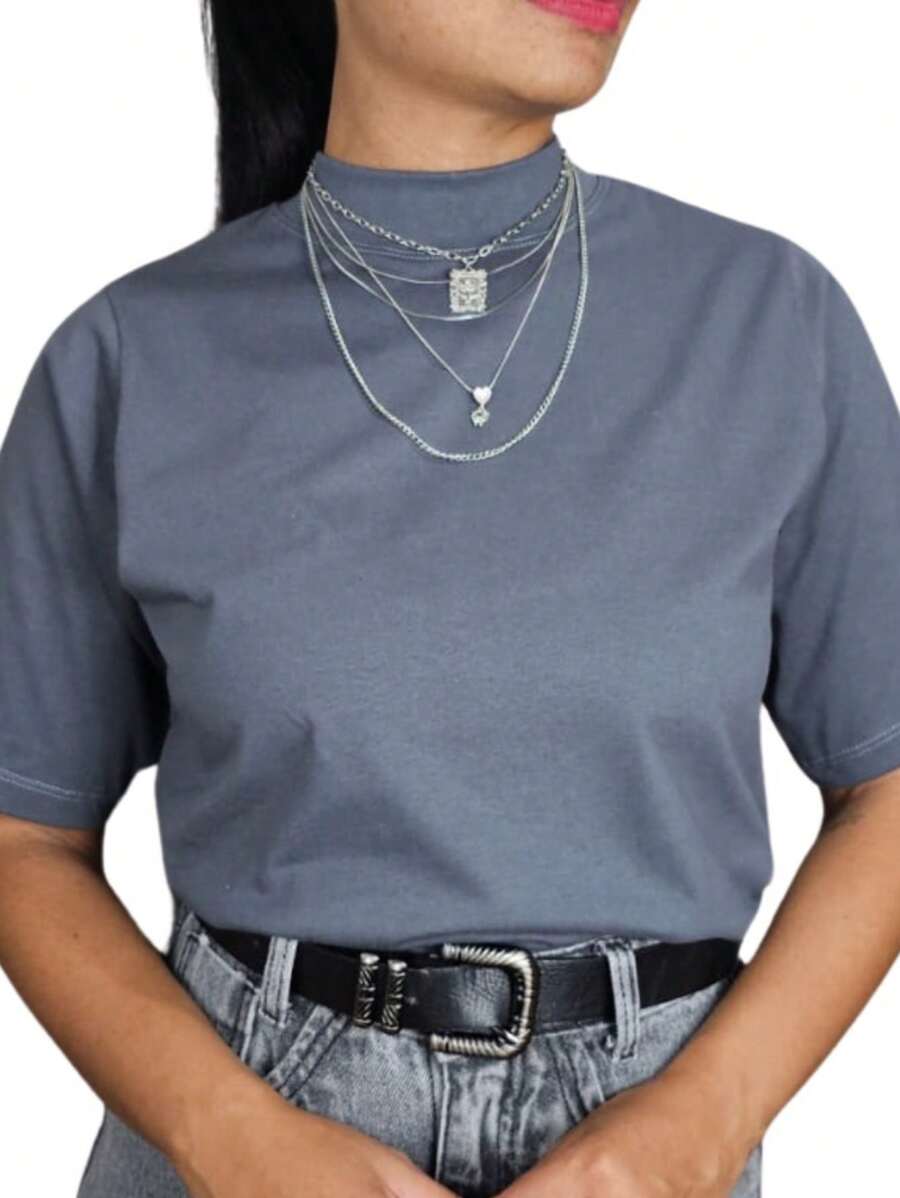 Women's Basic Plain Casual T-Shirt 3/4 Sleeve High Neck 100% Cotton - 灰色 - 查看 1