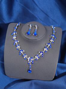 4pcs Elegant Cubic Zirconia & Rhinestone Queen Crown Necklace Set, For Bride Wedding Hair Accessories, Event Party, Baroque Style Jewelry Tiaras Valentine's Day Accessories - 寶藍色 - 查看 5