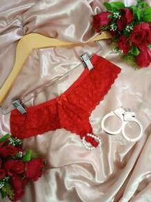 Women's Thai Thong Panties Pearl Anem + Light Metal Handcuff Accessory With Keys Fantasy Sensual Lingerie - Red - View 1