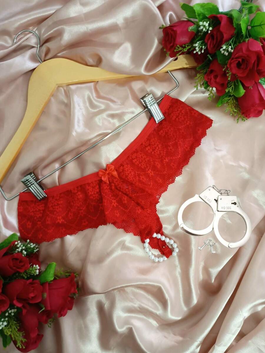 Women's Thai Thong Panties Pearl Anem + Light Metal Handcuff Accessory With Keys Fantasy Sensual Lingerie - Red - View 1