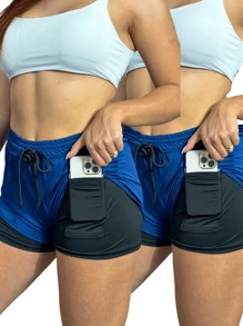 Women's 2 In 1 Shorts Men's Gym Running Workout Shorts With Elastane - Blue - View 1