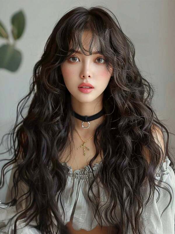 Peluca ondulada larga de 28 pulgadas de color marrón con flequillo. Cabello sintético elegante y casual resistente al calor para uso diario y en fiestas