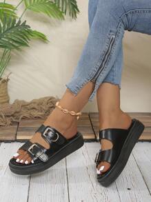 Women Fashion Strap Casual Thick Sole Flat Slip-On Sandals With Buckle, Summer