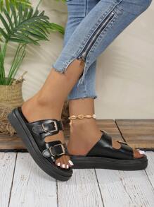 Women Fashion Strap Casual Thick Sole Flat Slip-On Sandals With Buckle, Summer