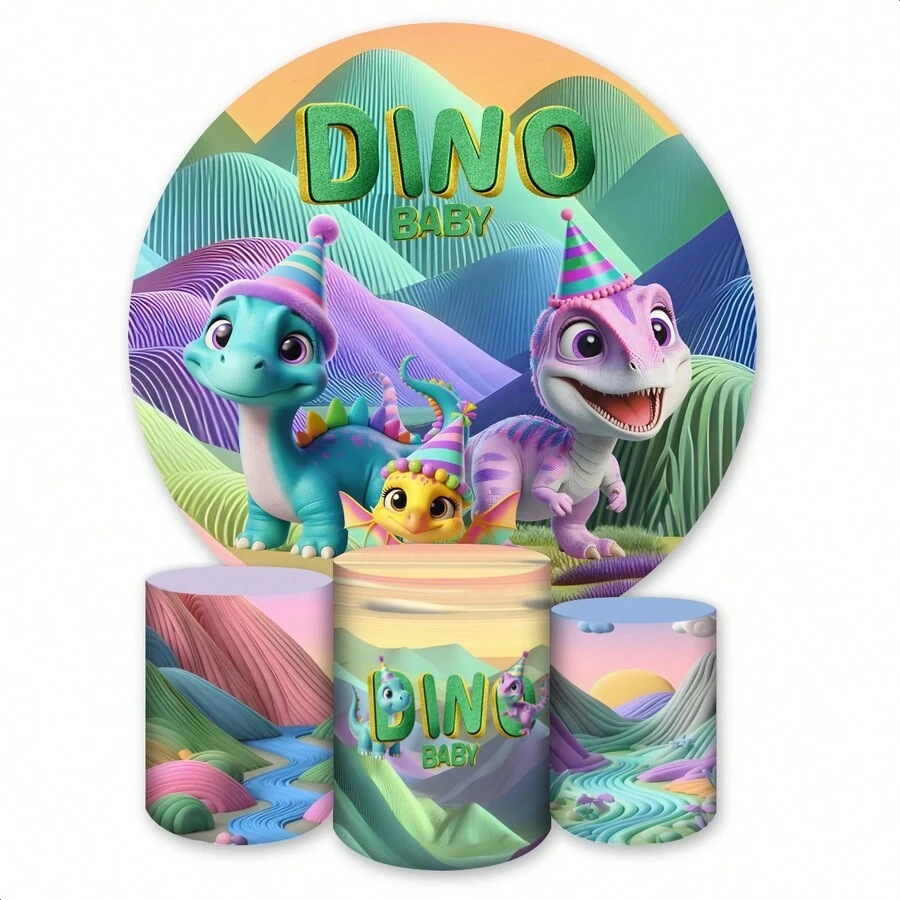 Round Panel Cover Kit + Trio Of Sublimated Decorative Cylinder Covers Party And Birthday Decoration Various Themes Children's Boy Girl Dino Bab Dinosaur Colorful Foliage - 完整套件 4601 - 查看 1
