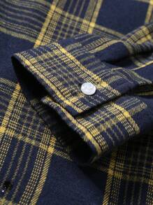 男士格纹印花纽扣前开休闲长袖衬衫，秋季 - 黃色 - 查看 5