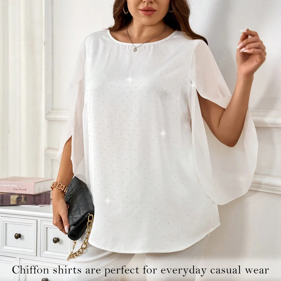 Blusas para mujer talla grande para verano, blusas elegantes de gasa con mangas tipo murciélago, escote redondo, casuales, sueltas y holgadas - Blanco - Ver 1