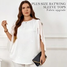 Blusas para mujer talla grande para verano, blusas elegantes de gasa con mangas tipo murciélago, escote redondo, casuales, sueltas y holgadas - Blanco - Ver 3