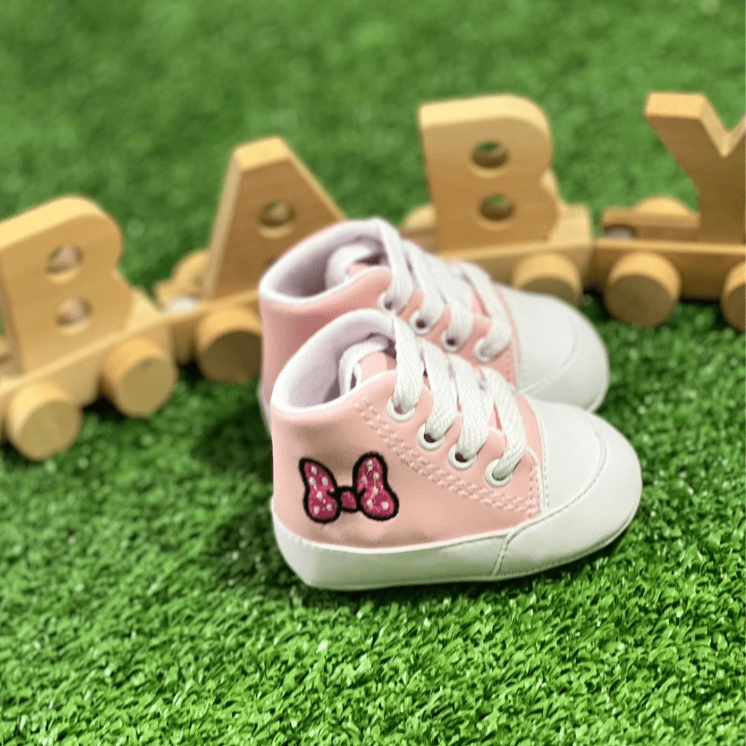 Baby High Top Sneakers With Laces And Embroidered Bow For Girls - 淺粉色 - 查看 1