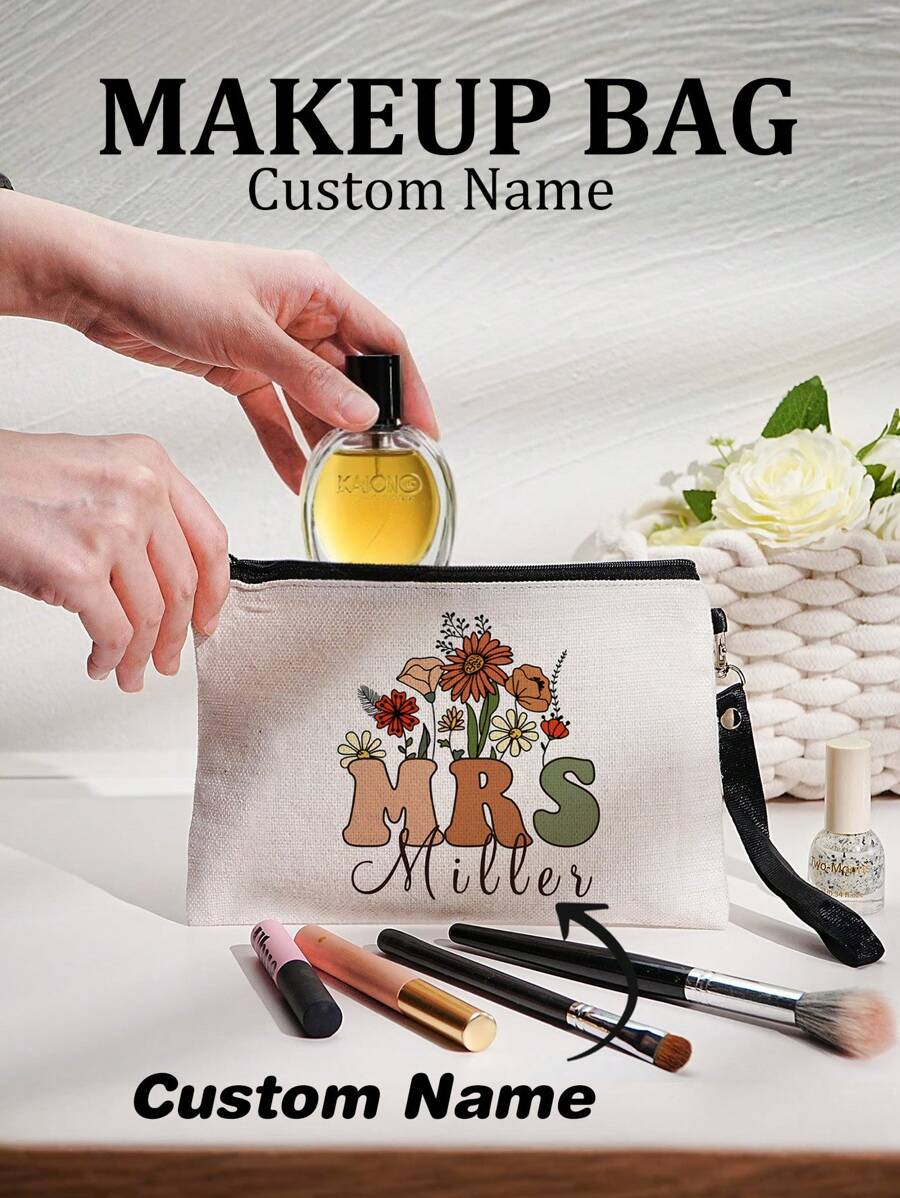 1pc Custom Name Makeup Bag For Teacher, Personalized Teacher Cosmetic Bag, Custom Travel Toiletry Bag, Custom Name Cosmetic Bag For Women Bridal Party Maid Of Honor Gifts Personalized Bridesmaid Gifts, Wedding Gift, Anniversary Gift, Valentine Gift, Birthday Gift, Mother's Day Gift, Best Friend Gift, Gift For Mom, Gift For Girlfriend, Gift For Her, Gift For Wife Back To School Gift Gift For Teacher