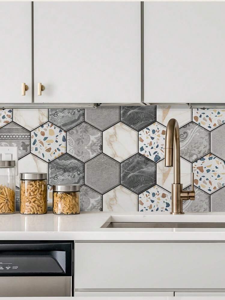 SUPSTICKER גליל 1 מדבקות אריחי משושה עם דוגמא משושה, מדבקות אריחי קרמיקה עמידות למים דביקות למטבח, קישוט קיר חדר אמבטיה, 47.2x11.81 אינץ'/11.81x141.73 אינץ'/11.81x188.78 אינץ' עיצוב מטבח - ריבוי צבעים - ראה 9